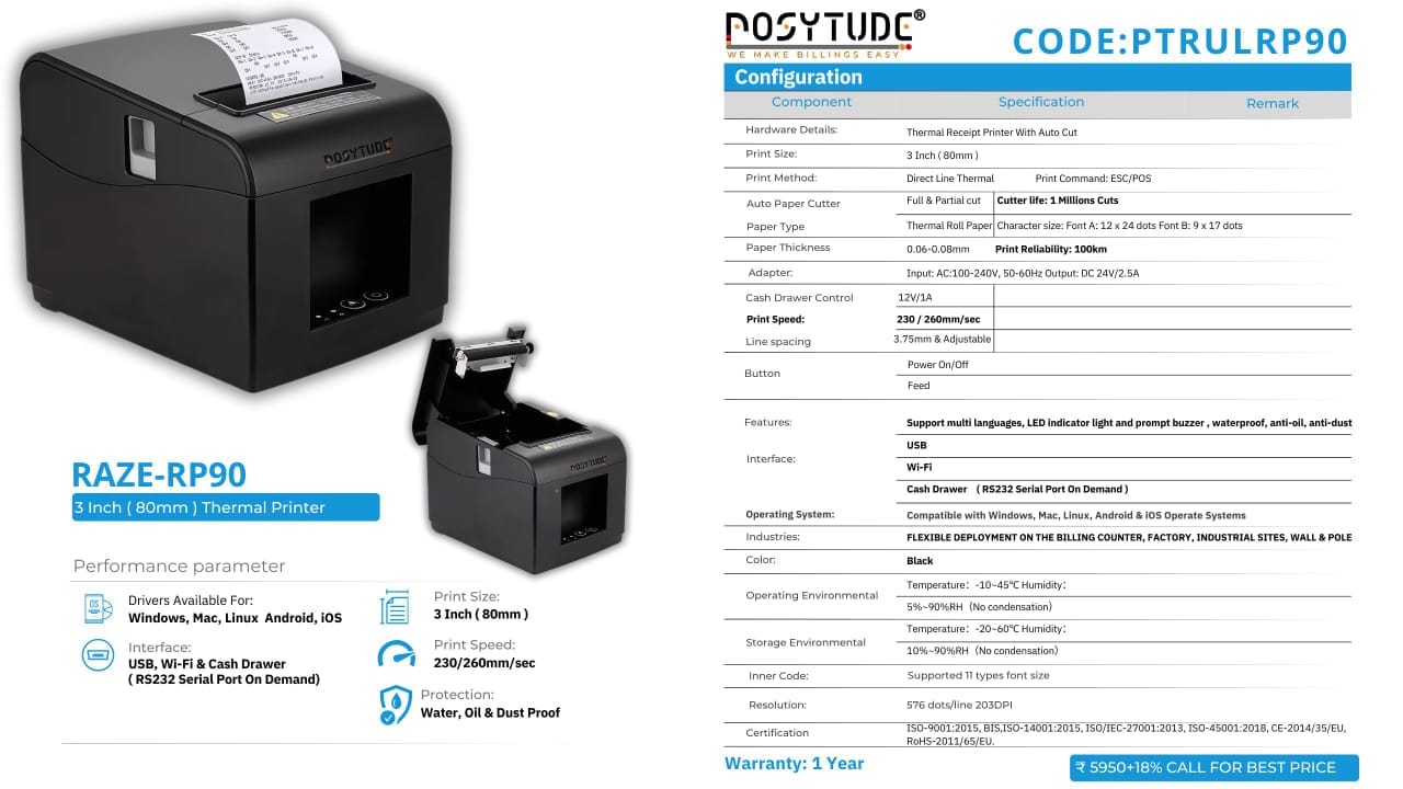 RAZE-RP90 3-Inch Wireless Wi-Fi Thermal Receipt Printer (PTRULRP90)