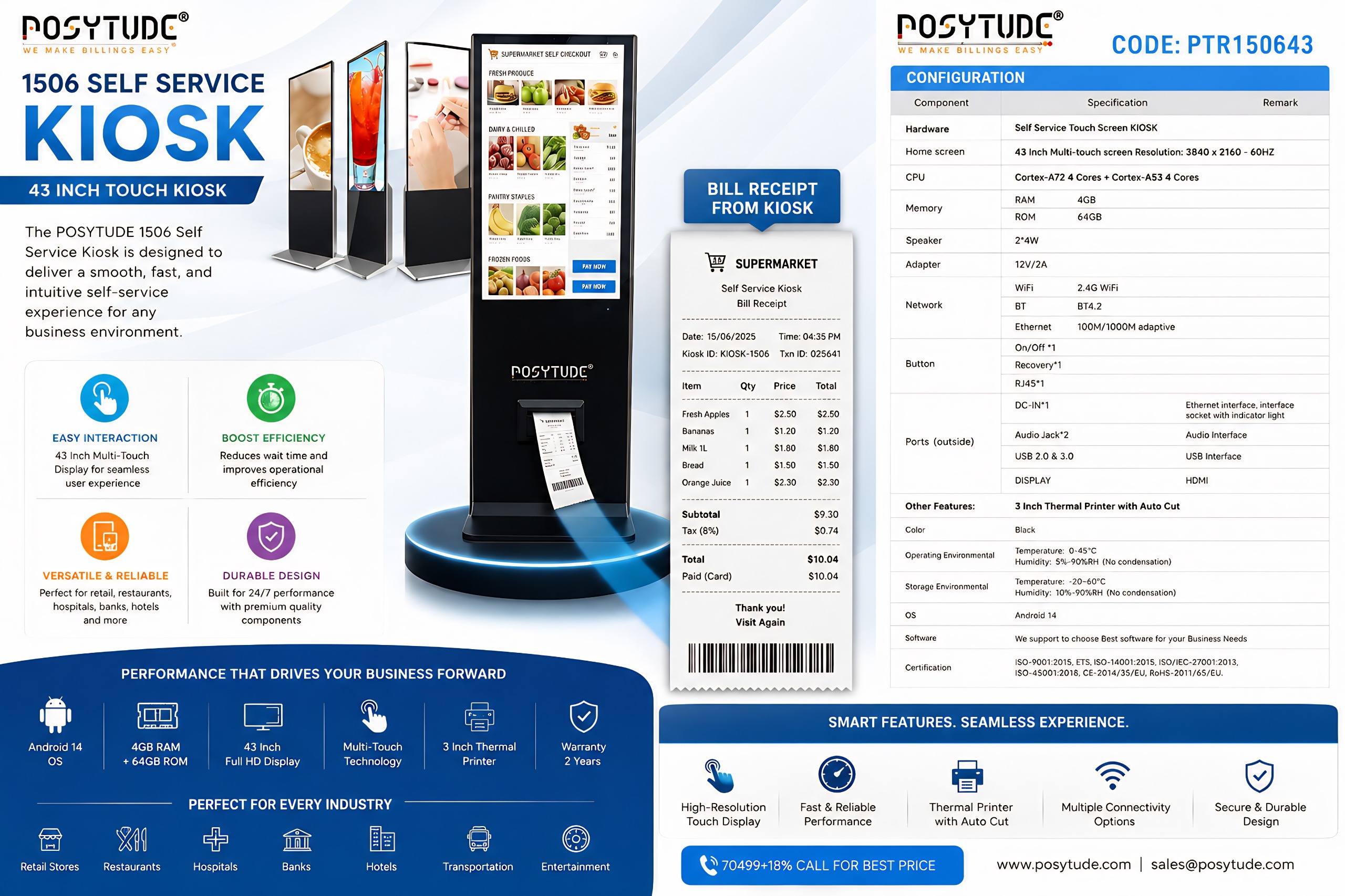 1506 43-Inch 4K UHD Smart Touch KIOSK (PTR150643)