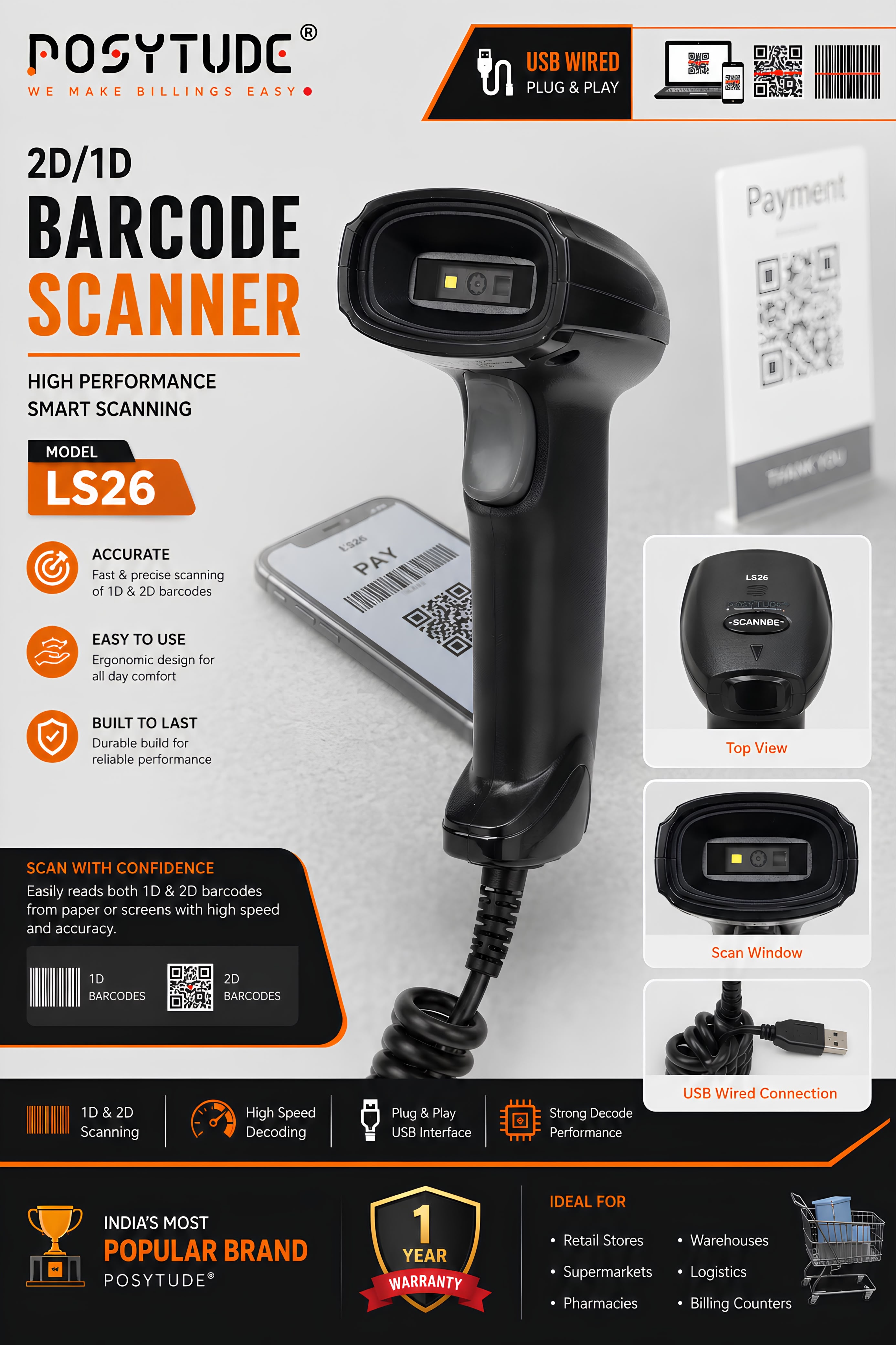 POSYTUDE LS26 Handheld 1D/2D Barcode & QR Scanner (LS26)